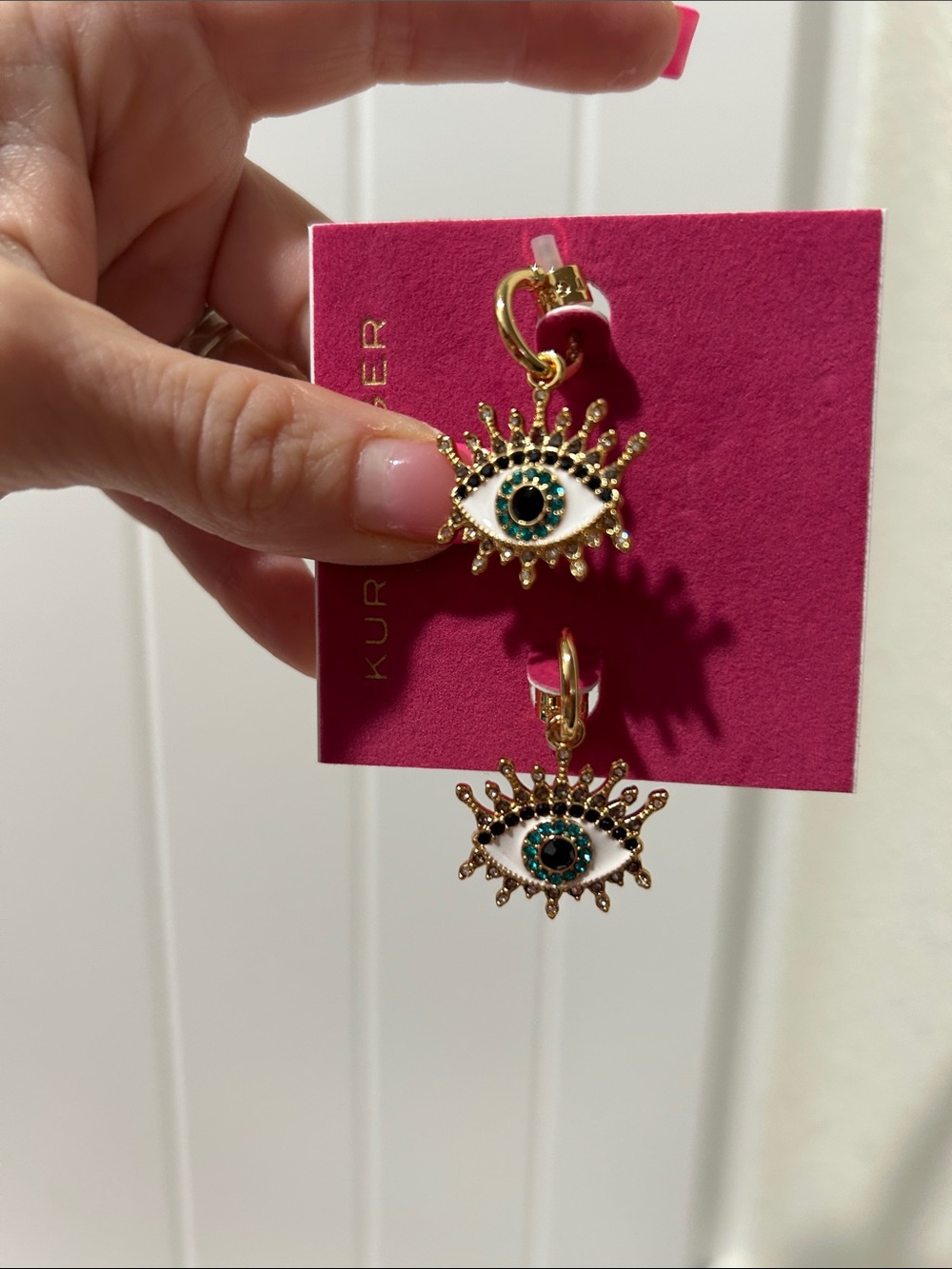 Kurt Geiger London Gold Tone Evil Eye Crystal Huggie Drop Earring, NWT